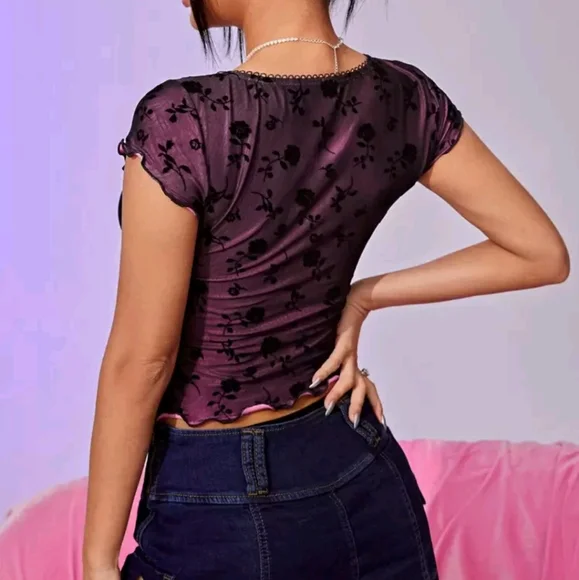 Y2K Floral Mesh Black and Pink Top - XS - Picture 6 of 6